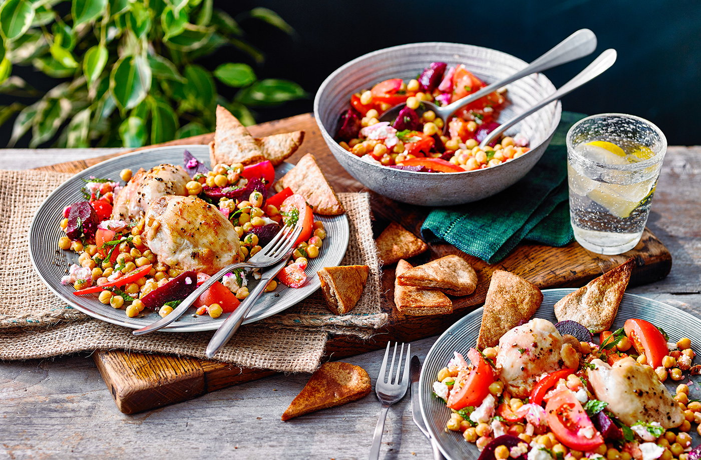 Crispy roast chicken thighs with beetroot and chickpea salad recipe