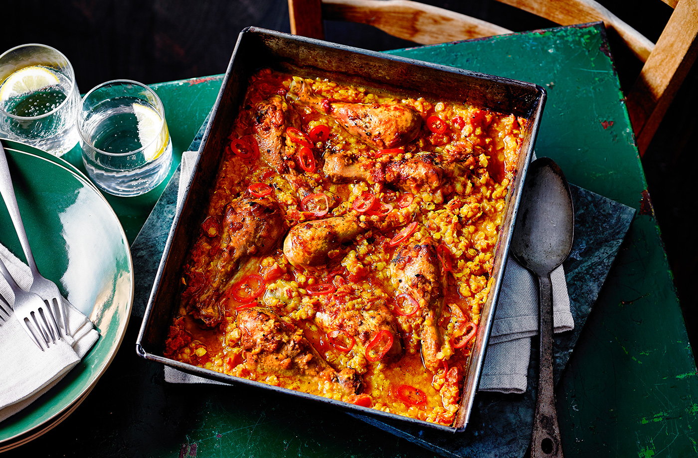 Spiced chicken and lentil traybake recipe
