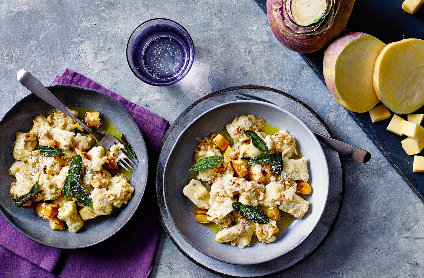 Swede and sage gnocchi with hazelnut pesto recipe