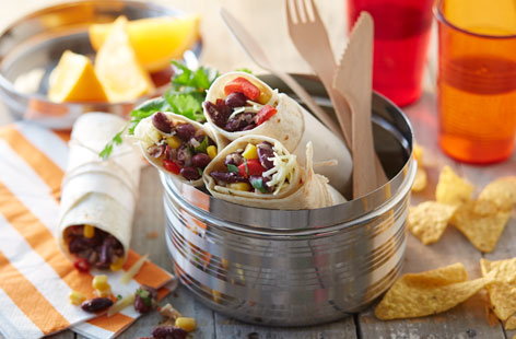 These spicy veggie chilli bean and corn tortilla wraps make the perfect light lunch or on the go