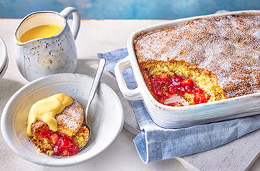 Jam doughnut-inspired self-saucing pudding