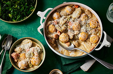 Cacio e pepe-inspired chicken casserole with Parmesan dumplings