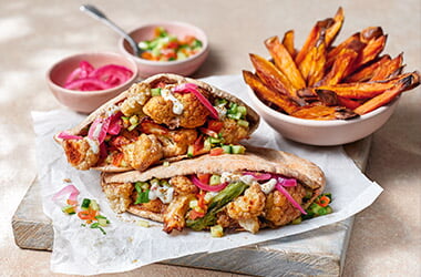 Cauliflower 'shawarma' pittas