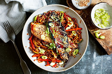 Crispy miso mackerel and Chinese-style noodles