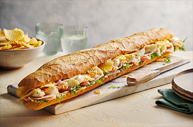 Giant sharing ham, egg and crisps baguette