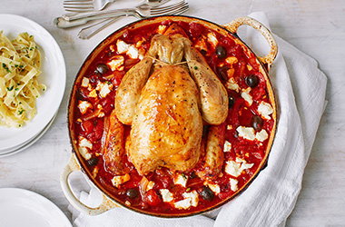 Greek chicken pot roast served with buttered tagliatelle