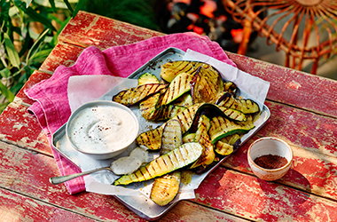 Grilled courgette and aubergine with whipped feta