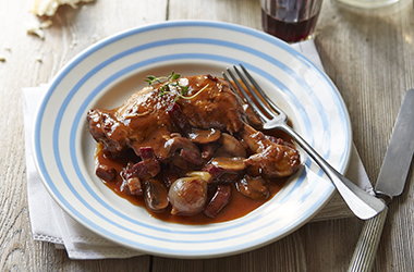 Slow-cooked coq au vin