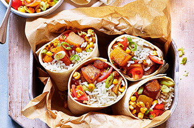 Spicy swede burritos with corn salsa