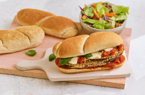 Crispy breadcrumb-coated aubergine is stuffed into soft rolls with melted mozzarella and a rich tomato sauce. Serve with a fresh side salad, if you like.