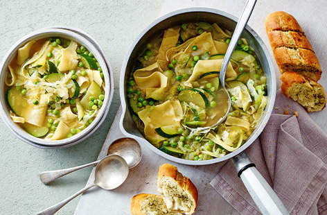 Use lasagne sheets and courgettes to make this hearty pasta soup. Try adding frozen peas for extra veg. Kids will love dipping garlic bread into their soup.
