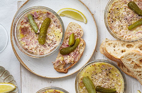 These little pâté pots are a simple combination of shredded ham hock and spiced butter