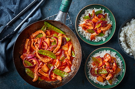 Recreate a take away classic at home with this sweet and sour pork stir-fry recipe. A tin of pineapple is the secret to the perfectly balanced sticky sauce, then just add quick-fried pork and mangetout for a speedy dinner.