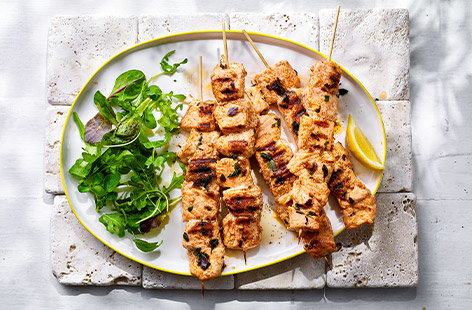 Try something new with your BBQ this year! These salmon skewers are coated in a smoky garlic and lemon marinade, then grilled until the golden and crispy.