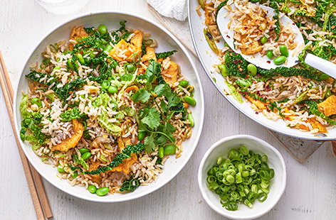 This cabbage and soya bean rice dish is ready in just 15 minutes, making it the ultimate midweek meal for two.