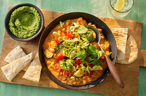 Use leftover cauliflower pasta sauce to whip up a summery stew with chickpeas and tomatoes. Top with a drizzle of homemade watercress pesto for extra flavour.