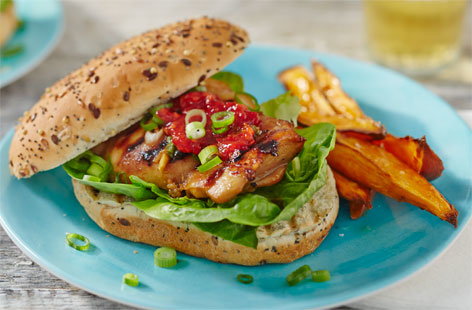 These BBQ chicken burgers have been given a Korean kick thanks to a tangy dark soy sauce and ginger marinade