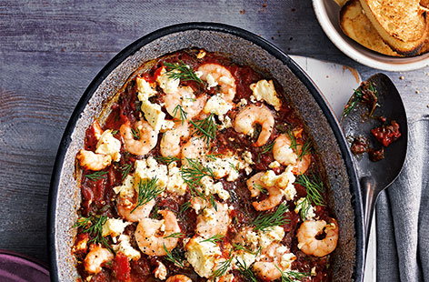 With king prawns, a rich tomato, garlic and red wine vinegar sauce and crumbled feta, this delicious egg recipe is the perfect platter to share with the family. 