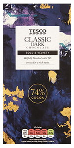 Tesco Classic 74% Dark ChocolateMade with 74% cocoa solids, for a gentle, woody flavour