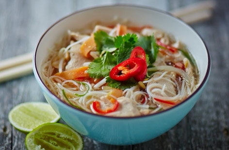 This aromatic vietnamese chicken noodle soup is a feast for the senses thanks to a broth richly flavoured with star anise, ginger, lemongrass and cinammon. Lift the zesty notes just before serving with a sprinkling of fresh lime juice, coriander, and spring onions.