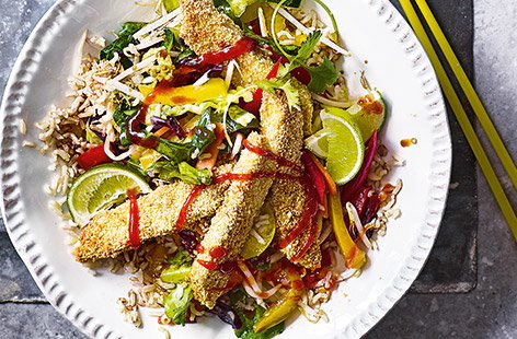 Need some Meat-Free Monday inspiration? Try this crispy baked tofu and veggie stir-fry for a colourful wallet-friendly midweek meal packed with flavour from fiery ginger, chilli sauce and fresh lime.