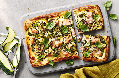 Charred courgette and salmon tart