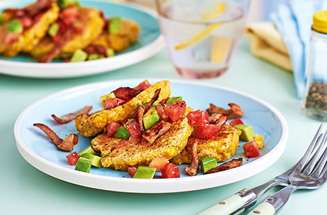 These sweetcorn pancakes, topped with crisp bacon, tomato and avocado, are not only packed with flavour, but they are great for getting little ones in the kitchen. On the table in less than half an hour, this super easy supper is also even healthy