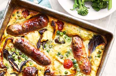 This lighter toad in the hole adds plenty of veg to the batter – yellow pepper, peas and tomatoes – for a more nutritious and colourful meal. Using chicken sausages also adds an extra twist to this family favourite.