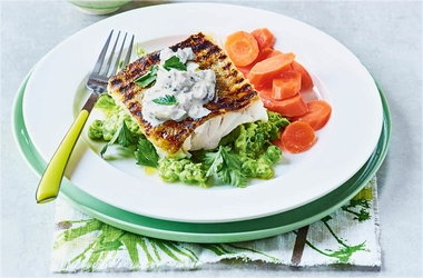 Crispy cod with pea mash and lighter tartare sauce